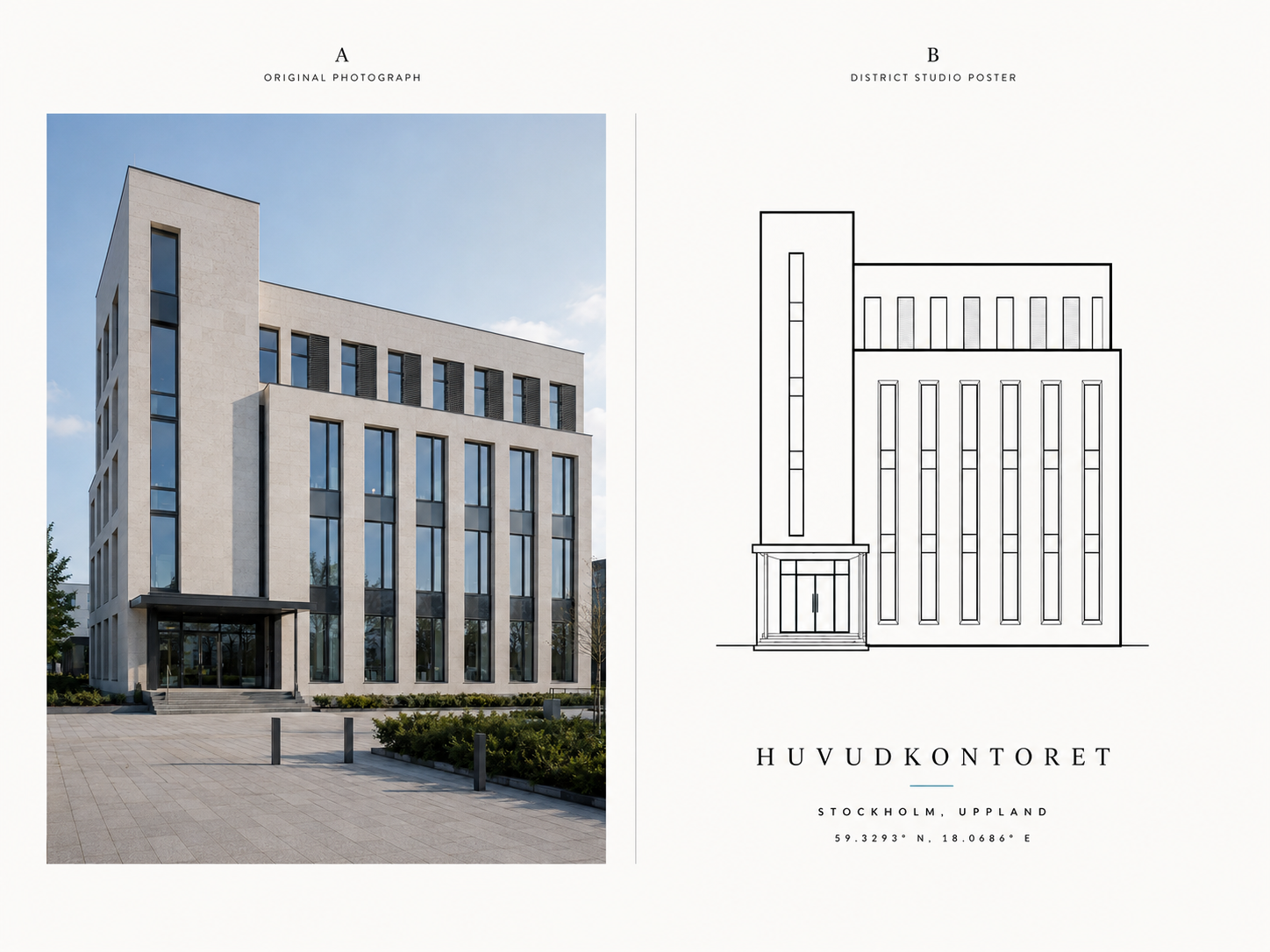 Före och efter: originalfoto av byggnad bredvid District Studio-poster i samma formspråk