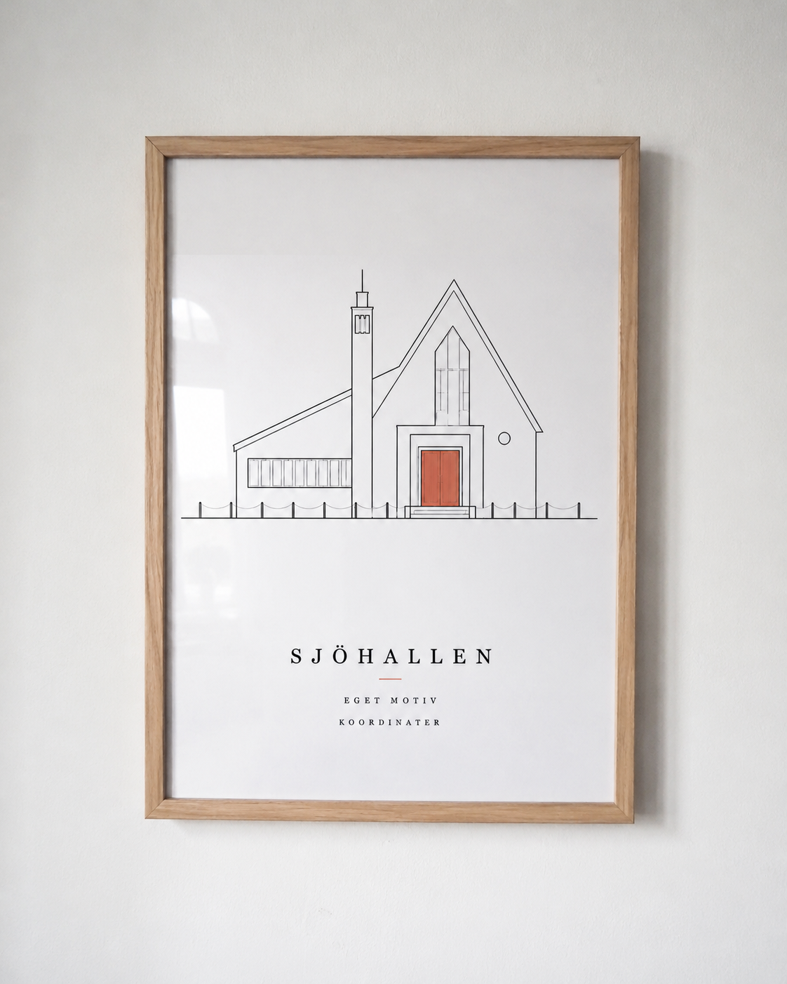 Färdig custom print av Sjöhallen i ekram på vit vägg
